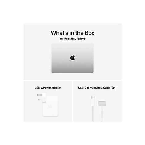 InhaltsÃ¼bersicht des 16-Zoll MacBook Pro: Laptop, USB-C-Netzteil, USB-C-zu-MagSafe-3-Kabel.