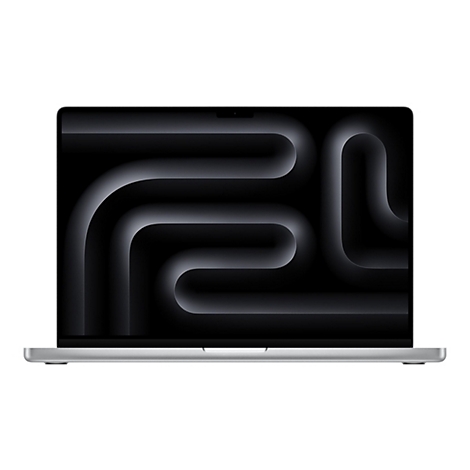 Graues Macbook-Laptop, geÃ¶ffnet, zeigt ein abstraktes schwarzes Muster. Der Bildschirm ist von schmalen schwarzen RÃ¤ndern umgeben.