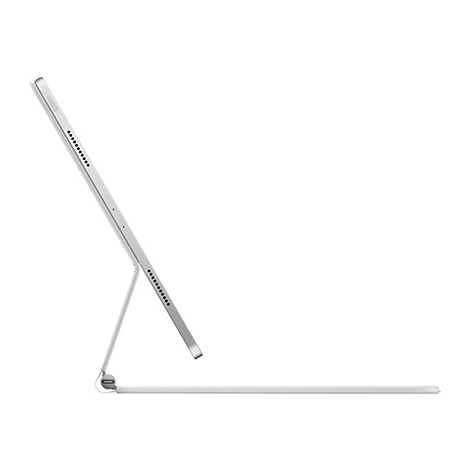 Tablette argentÃ©e, lÃ©gÃ¨rement inclinÃ©e, avec clavier intÃ©grÃ©, sur fond blanc.