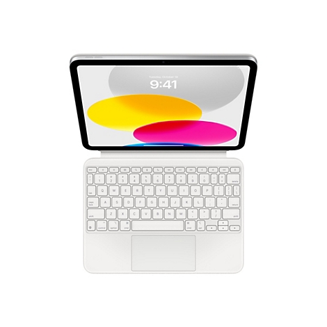 Ein weißes Apple iPad mit angeschlossenem Magic Keyboard, von oben betrachtet.