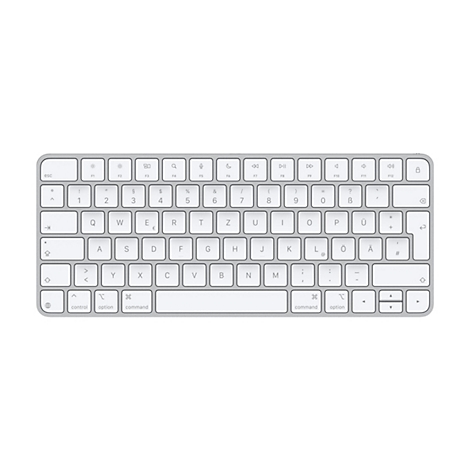 Vue de dessus d'un clavier Apple Magic argenté sur fond blanc. Les touches sont blanches avec des lettres et des symboles noirs.