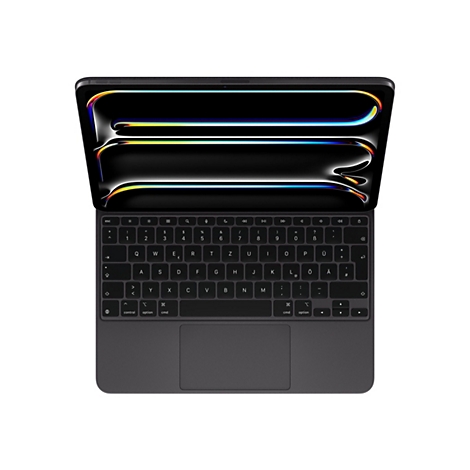 Une tablette grise avec un écran ouvert et un clavier noir. L'écran affiche un graphique abstrait et coloré. Le clavier comporte des caractères blancs.