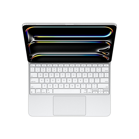 Clavier de Macbook gris clair avec écran ouvert. Clavier avec touches, comprenant lettres, chiffres et caractères spéciaux. Écran avec fond noir et effets de lumière colorés.