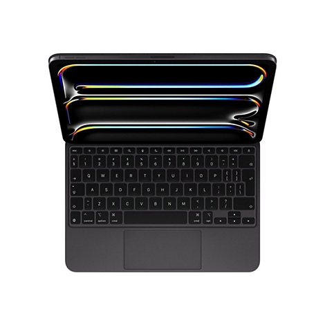 Draufsicht auf ein schwarzes Tablet mit angeschlossener Tastatur. Die Tastatur zeigt ein Tastaturlayout mit einer silbernen Hintergrundbeleuchtung.