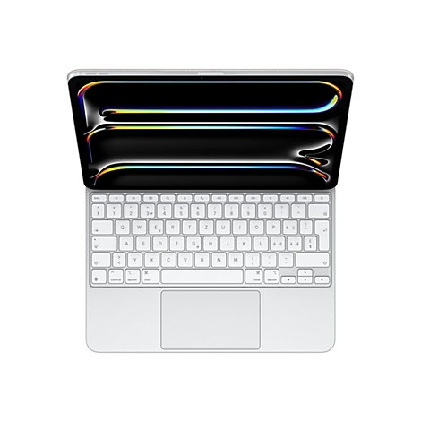 Hellgraues Macbook-Tastatur-Cover mit weissen Tasten, eingebettetem Trackpad und geöffnetem Display mit abstraktem, farbenfrohem Hintergrund.
