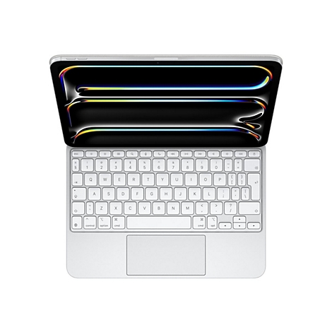 Draufsicht eines weißen Tablets mit Tastatur und Trackpad vor schwarzem Bildschirmhintergrund mit bunten Linien.
