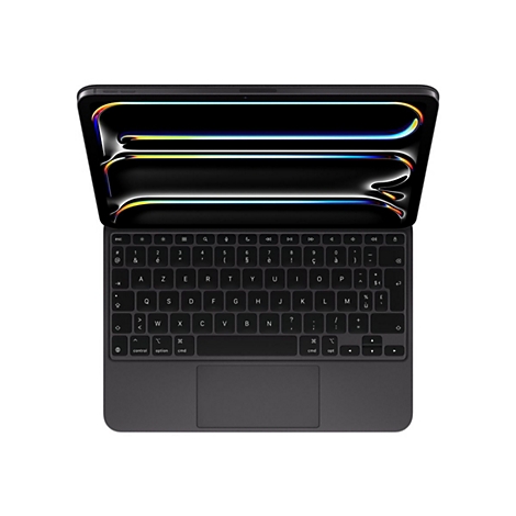 Draufsicht auf ein schwarzes Tablet mit angeschlossener Tastatur, Buchstaben und Symbole sind deutlich zu erkennen.