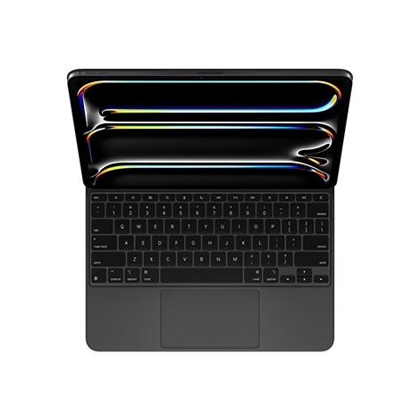 Ein graues Tablet mit geöffnetem Bildschirm und Tastatur. Der Bildschirm zeigt ein abstraktes Muster in bunten Farben. Die Tastatur hat schwarze Tasten mit weißen Beschriftungen.