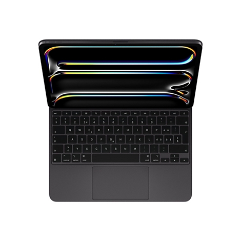 Ein graues Tablet mit Tastatur, die im geöffneten Zustand von oben fotografiert wurde. Der Bildschirm zeigt ein abstraktes, farbenfrohes Muster.