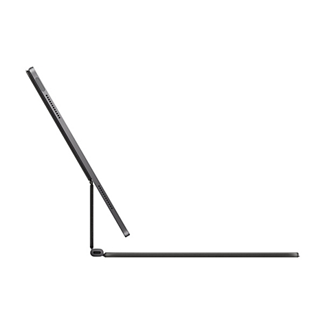 Draufsicht auf ein graues Tablet mit angeschlossener Tastatur, das im Winkel positioniert ist. Auf weißem Hintergrund.