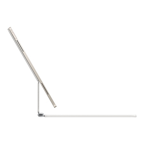 Hellgraues Tablet und Tastatur. Tablet aufrecht, verbunden. Auf hellem Hintergrund.