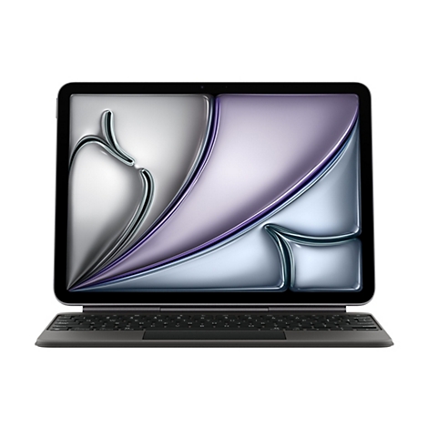 Ein graues Tablet mit angeschlossener Tastatur. Auf dem Bildschirm ist ein abstrakter Hintergrund zu sehen, der sich von Silber zu Lila verfärbt.