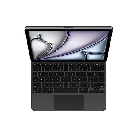 Draufsicht auf ein schwarzes Tablet mit angeschlossener Tastatur. Der Bildschirm zeigt ein abstraktes, weiß-grau-lila Muster. Die Tastatur hat schwarze Tasten.