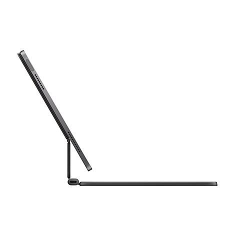 Dunkelgraues Tablet mit angebauter Tastatur. Das Tablet ist im Profil zu sehen und steht leicht auf der Tastatur.