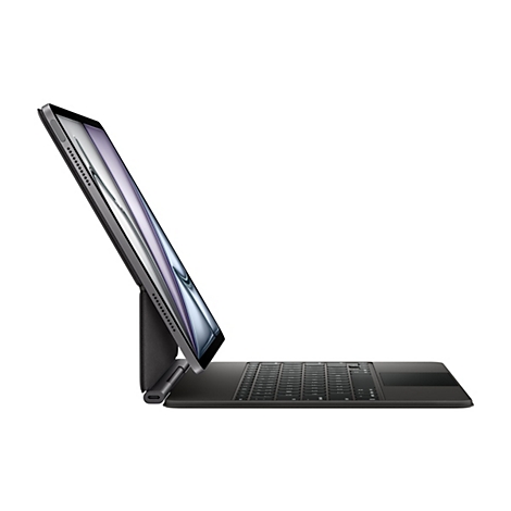 Ein graues Tablet ist mit einer dunklen Tastatur verbunden. Das Tablet steht leicht aufrecht; der Bildschirm ist eingeschaltet. Der Hintergrund ist weiß.