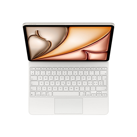 Ein hellgraues Tablet mit einer hellen Tastatur, auf der das Display geöffnet ist und einen goldfarbenen Hintergrund zeigt.