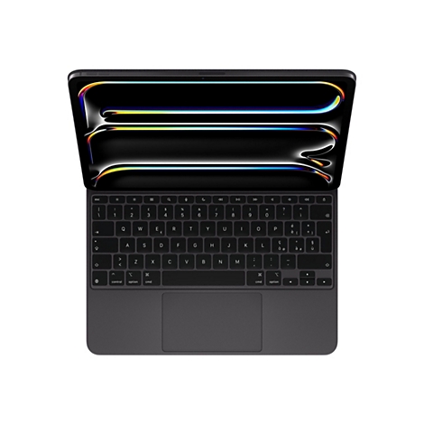 Schwarzes Tablet mit geÃ¶ffnetem Bildschirm und Tastatur. Das Display zeigt bunte Lichtreflexe. Das Tablet liegt auf weiÃŸem Hintergrund.