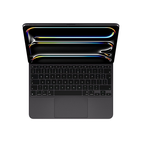Dunkelgraues MacBook von oben mit geöffnetem Display. Die Tastatur liegt im Fokus, der Bildschirm zeigt ein abstraktes, farbenfrohes Design.