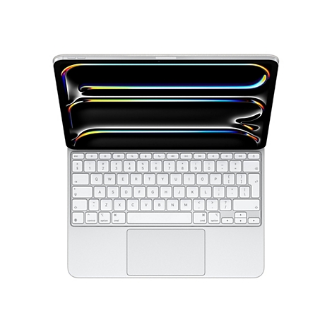 Draufsicht auf ein weißes Tablet mit angeschlossener Tastatur und Touchpad vor weißem Hintergrund.
