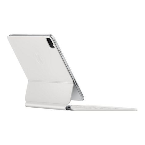 WeiÃŸes Apple iPad Pro mit Magic Keyboard, teilweise geÃ¶ffnet, auf weiÃŸem Hintergrund.