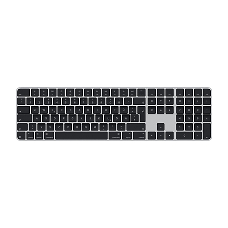 Draufsicht auf eine silberne Apple Magic Keyboard mit schwarzen Tasten. Tasten mit Buchstaben, Zahlen, Sonderzeichen, Funktionstasten und Command-Tasten.