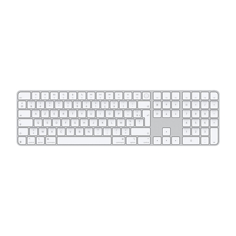 Draufsicht auf eine silberne Apple Magic Keyboard Tastatur auf weißem Hintergrund. Die Tastatur zeigt ein typisches QWERTZ-Layout mit Funktionstasten.