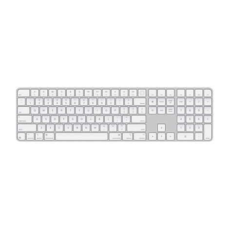 Draufsicht auf eine silberne Apple-Tastatur auf weißem Hintergrund. Die Tasten sind mit schwarzen Buchstaben und Symbolen beschriftet.