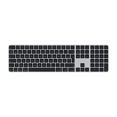 Un clavier sans fil argenté avec des touches noires. Le clavier a un design élégant avec une rangée de touches de fonction en haut et un pavé numérique sur la droite.