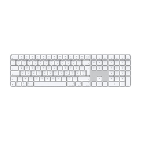 Draufsicht auf eine silberfarbene Apple Magic Keyboard-Tastatur, auf weißem Hintergrund platziert. Tasten mit Buchstaben, Zahlen und Sonderzeichen.