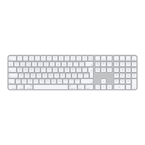 Draufsicht auf eine silberfarbene Apple-Tastatur mit weiÃŸen Tasten. Die Tastatur liegt auf einem weiÃŸen Hintergrund.