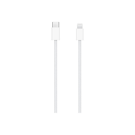 WeiÃŸes Ladekabel mit USB-C und Lightning-Anschluss, geflochten.