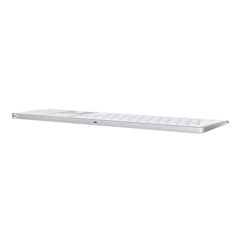 Eine weiÃŸe, schlanke Tastatur in Nahaufnahme vor weiÃŸem Hintergrund. Sie hat rechteckige Tasten und ein AluminiumgehÃ¤use.