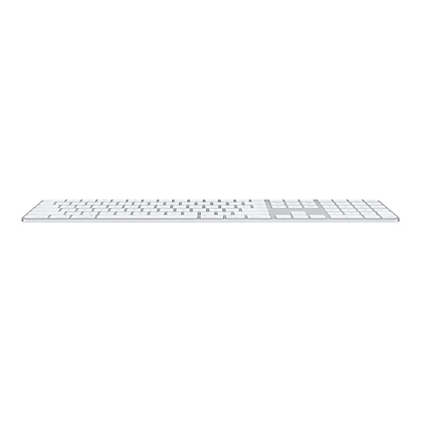 Weisse Computertastatur vor weissem Hintergrund. Seitliche Ansicht mit Tasten und Nummernblock.