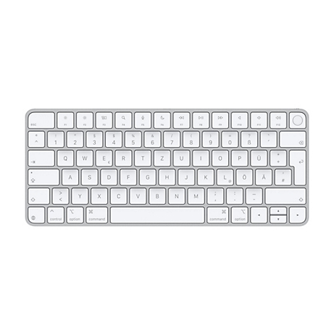 Eine silberfarbene Apple Magic Keyboard von oben. Die Tasten sind weiß mit schwarzen Buchstaben und Symbolen.