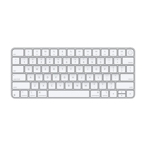 Clavier Apple Magic argentÃ©, vue de dessus. Touches blanches avec lettres et symboles. Le clavier est sur fond blanc.