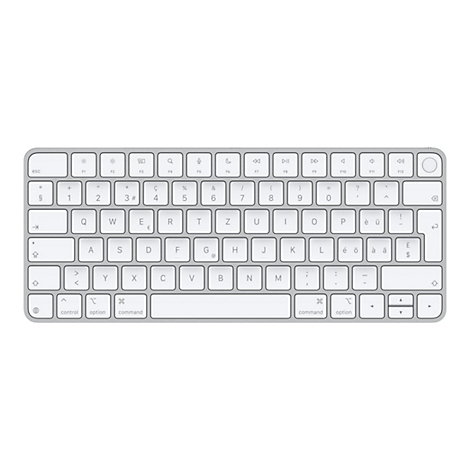 Ein silbernes Apple Magic Keyboard mit weiÃŸen Tasten und einem deutschen Layout, vor weiÃŸem Hintergrund.