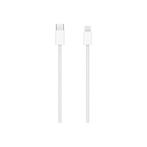 Ein weißes USB-C-auf-Lightning-Kabel mit geflochtener Ummantelung vor weißem Hintergrund.