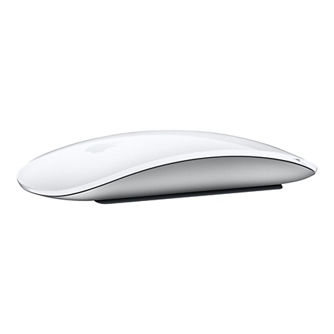 Weiße Apple Magic Mouse in Seitenansicht vor weißem Hintergrund.