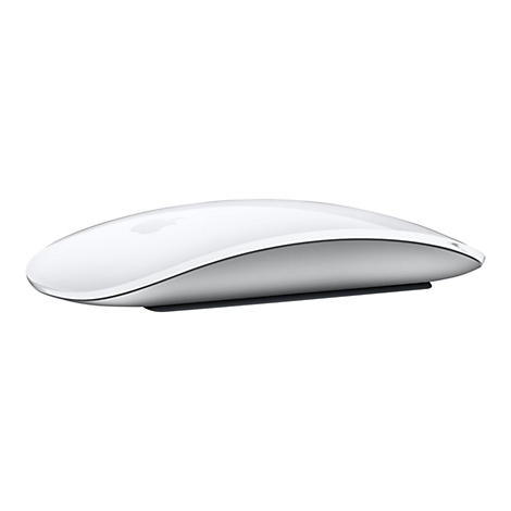 Draufsicht auf eine weiße Apple Magic Mouse mit silberner Unterseite auf weißem Hintergrund.