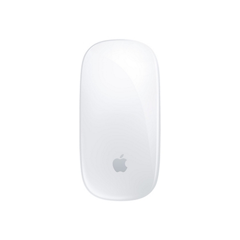 Weisse Apple Magic Mouse auf weissem Hintergrund; Apple-Logo.