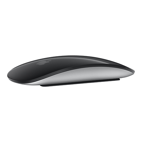Draufsicht auf eine Apple Magic Mouse. Die Maus hat eine glatte, schwarze Oberseite mit dem Apple-Logo und eine silberne Unterseite.