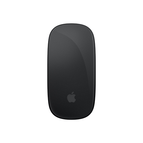 Schwarze Apple Magic Mouse, Draufsicht auf weißem Hintergrund. Das Apple-Logo ist sichtbar.