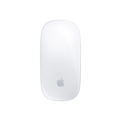 Weiße, flache Apple Magic Mouse in der Draufsicht auf weißem Hintergrund.