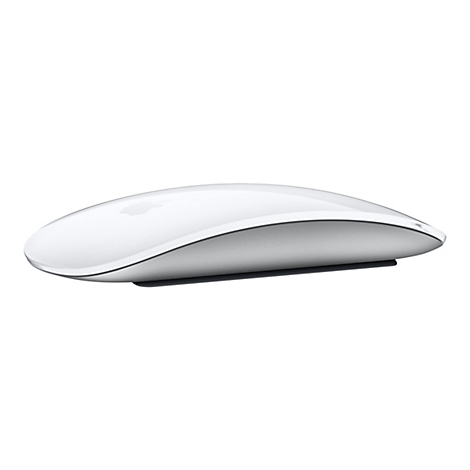 Weiße, flache Apple Magic Mouse in Seitenansicht vor weißem Hintergrund.