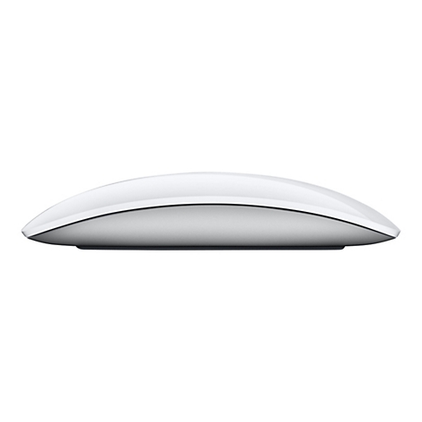Nahaufnahme einer weißen Apple Magic Mouse, seitlich betrachtet. Die Maus hat eine flache, ovale Form und eine silberfarbene Unterseite.