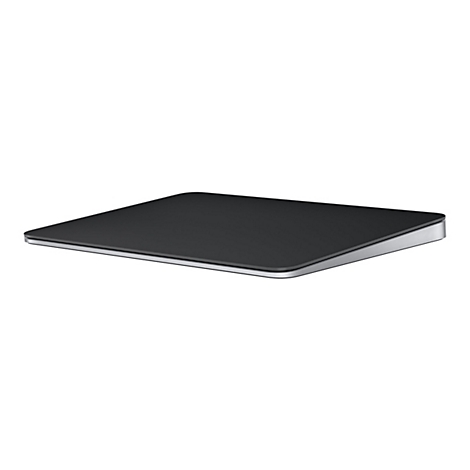 Ein schwarzes Magic Trackpad auf weißem Grund. Das Trackpad hat eine schwarze Oberfläche und einen silbernen Rand.