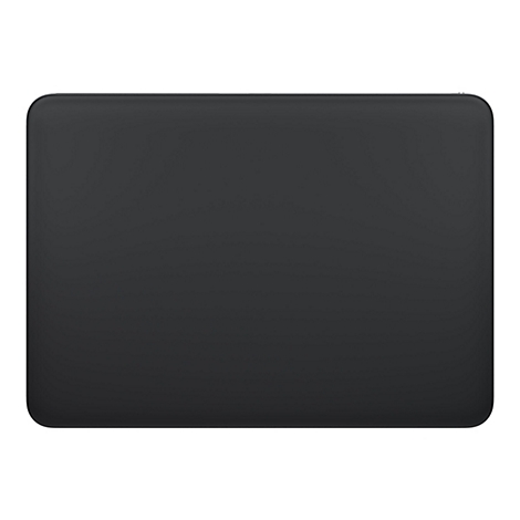 Dunkles, rechteckiges Objekt mit abgerundeten Ecken, vor weißem Hintergrund.