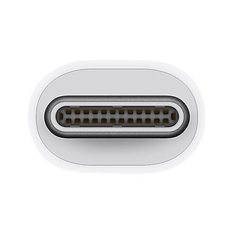 Gros plan sur un connecteur USB-C blanc. Le connecteur a une forme ovale avec un intérieur de petits contacts dorés.