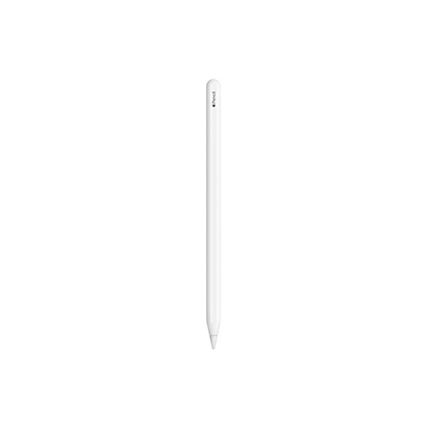 Weißer Apple Pencil auf weißem Hintergrund. Der Stift ist schlank und hat die Aufschrift "Pencil" am oberen Ende.