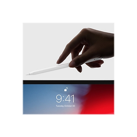 Hand berührt weißen Apple Pencil, der vor einem iPad liegt. Uhrzeit: 9:41.